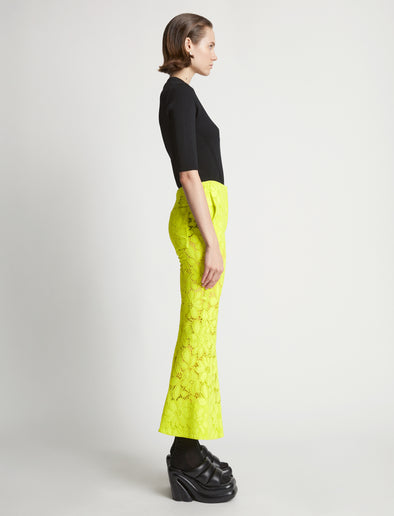 Side image of model wearing Lace Pants in citron