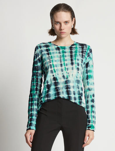 Cropped front image of model wearing Tie Dye T-Shirt in green multi