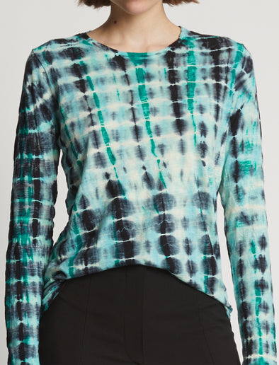 Detail image of model wearing Tie Dye T-Shirt in green multi