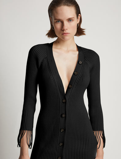 Detail image of model wearing Viscose Knit Dress in black