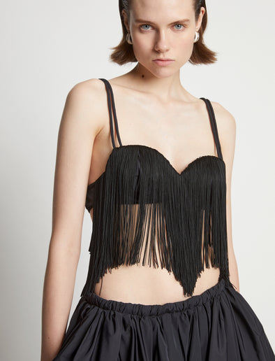 Detail image of model wearing Technical Nylon Fringe Bra in black