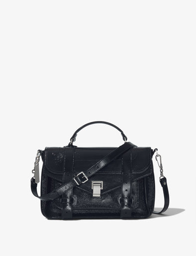Front image of Crinkled Patent PS1 Medium Bag in BLACK.jpg