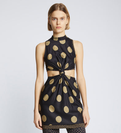 Cropped front image of model wearing Printed Dot Cady Top in khaki multi