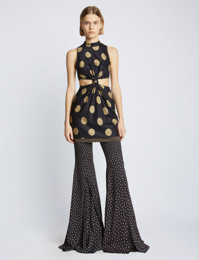 Front image of model wearing Printed Dot Cady Top in khaki multi