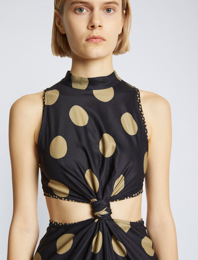 Detail image of model wearing Printed Dot Cady Top in khaki multi