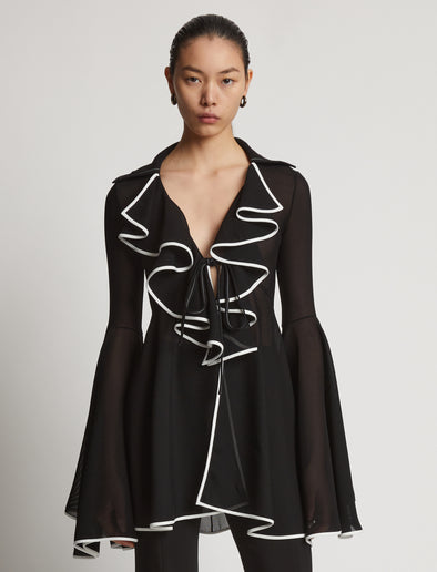 Cropped front image of model wearing Solid Mesh Ruffle Shirt in black