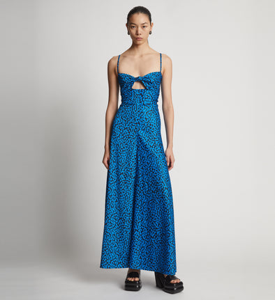 Front image of model wearing Printed Leopard Tank Dress in turquoise multi