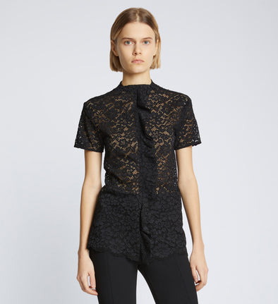 Cropped front image of model wearing Stretch Lace Top in black