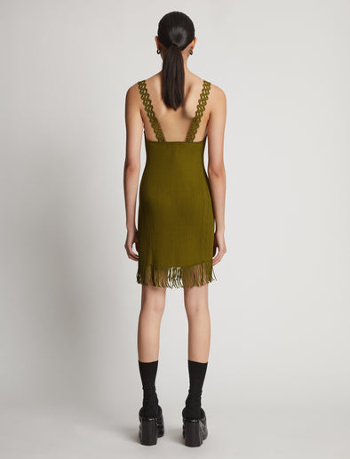 Back image of model wearing Embroidered Viscose Knit Dress in olive