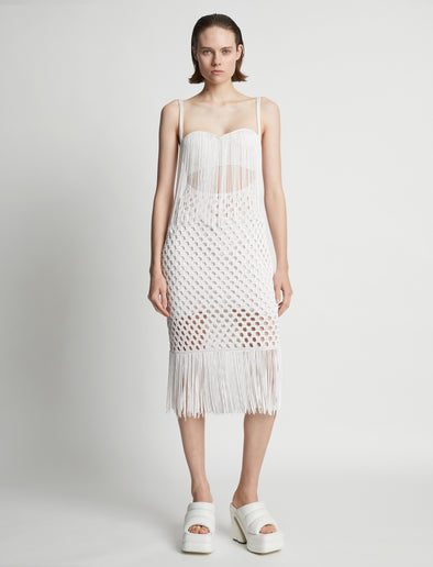 Front image of model wearing Lacquered Knit Dress in white