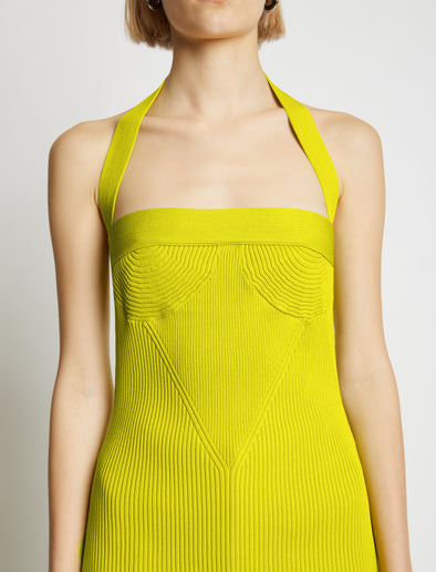 Detail image of model wearing Viscose Knit Halter Top in sulphur