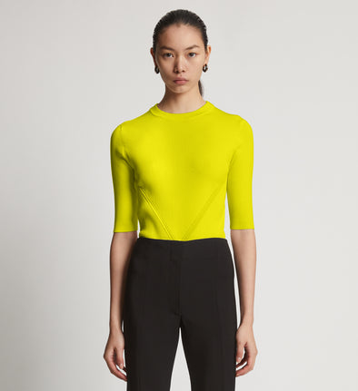 Cropped front image of model wearing Viscose Knit Top in sulphur