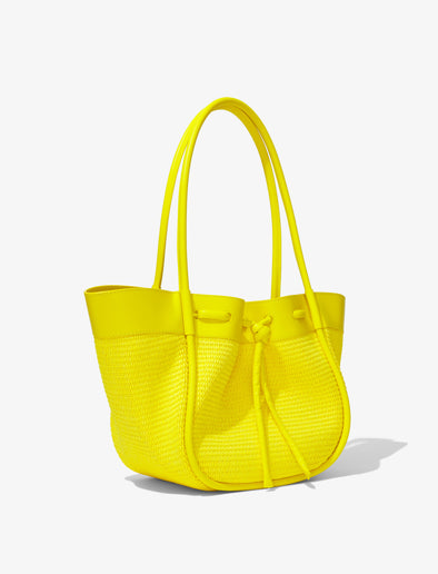 Side image of Raffia Large Ruched Tote in CANARY YELLOW