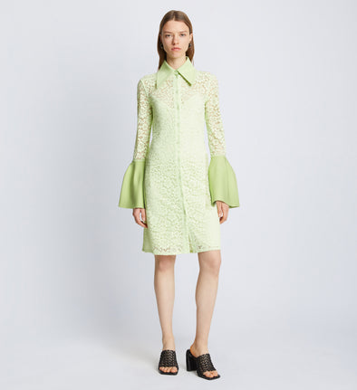 Front image of model wearing Stretch Lace Shirt Dress in lime