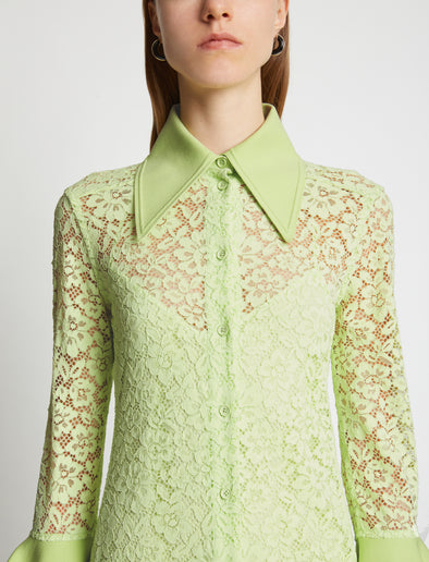 Detail image of model wearing Stretch Lace Shirt Dress in lime