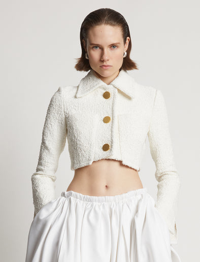 Proenza Schouler cropped front image of model wearing Boucle Tweed Crop Jacket in off white