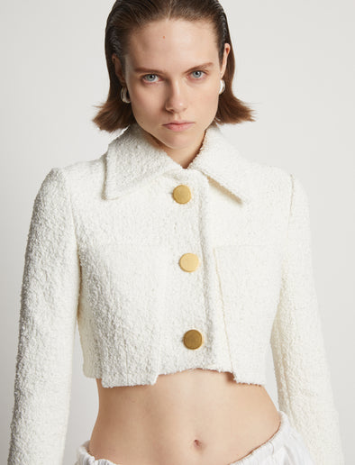 Proenza Schouler detail image of model wearing Boucle Tweed Crop Jacket in off white