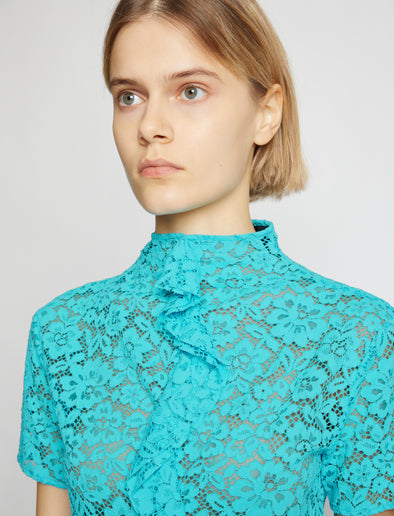 Detail image of model wearing Stretch Lace Top in cyan