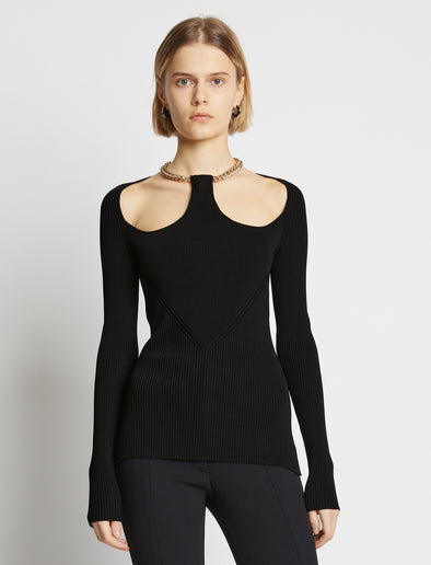Cropped front image of model wearing Chain Detail Viscose Knit Sweater in black