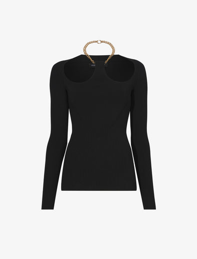 Flat image of Chain Detail Viscose Knit Sweater in black