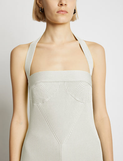 Detail image of model wearing Viscose Knit Halter Top in off white