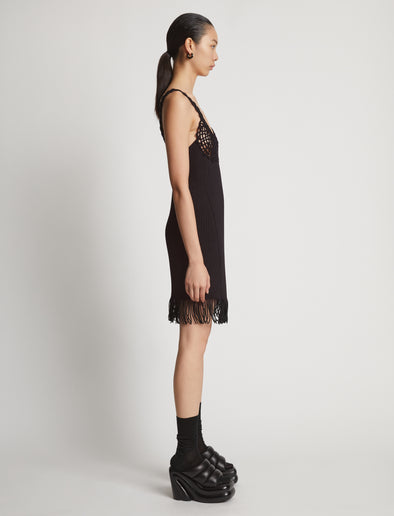 Side image of model wearing Embroidered Viscose Knit Dress in black