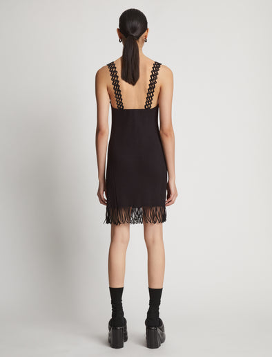 Back image of model wearing Embroidered Viscose Knit Dress in black