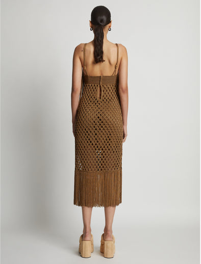 Back image of model wearing Lacquered Knit Dress in tobacco