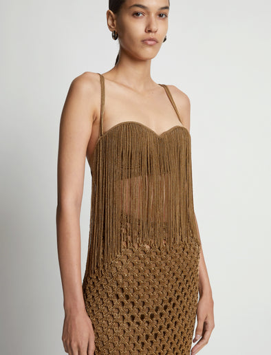 Detail image of model wearing Lacquered Knit Dress in tobacco