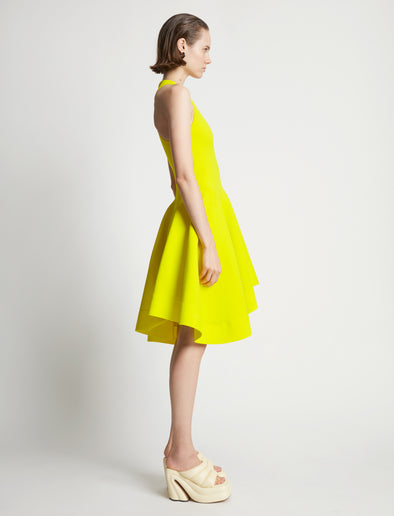 Side image of model wearing Sculpted Knit Dress in citron