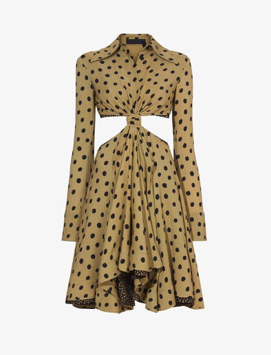 Flat image of Printed Dot Cut Out Shirt Dress in khaki black