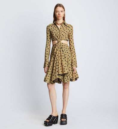 Front image of model wearing Printed Dot Cut Out Shirt Dress in khaki black