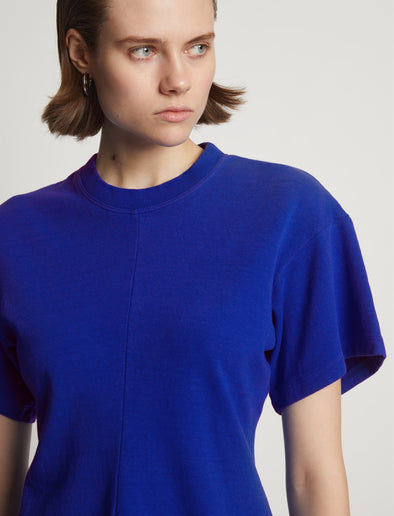 Detail image of model wearing Eco Cotton Waisted T-Shirt in cobalt