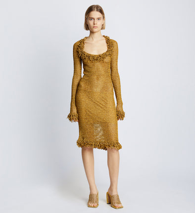 Front image of model wearing Embroidered Crochet Dress in gold