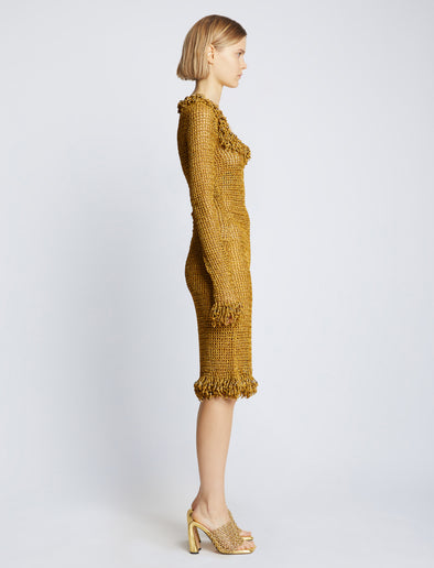 Side image of model wearing Embroidered Crochet Dress in gold