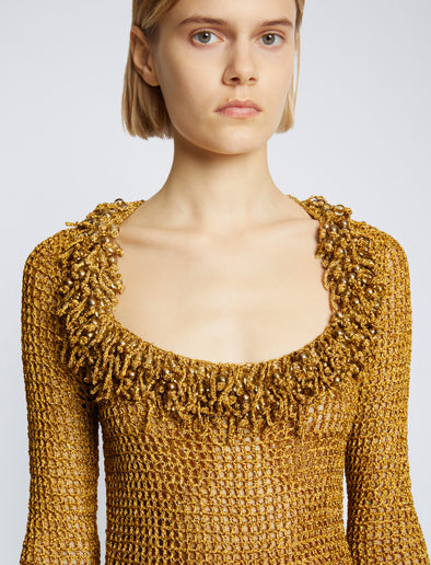 Detail image of model wearing Embroidered Crochet Dress in gold
