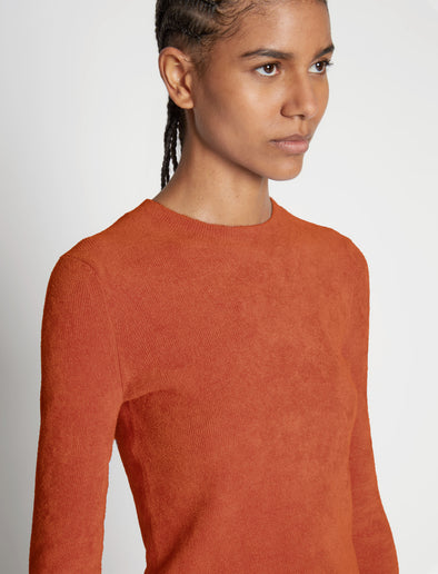 Detail image of model wearing Cropped Turtleneck Chenille Sweater in rose