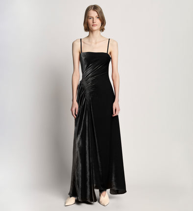 Front full length image of model wearing Silk Viscose Velvet Gathered Dress in BLACK