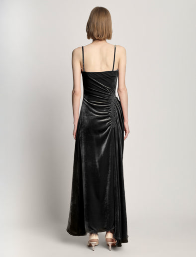 Back full length image of model wearing Silk Viscose Velvet Gathered Dress in BLACK