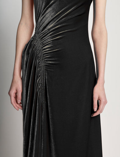 Detail image of model wearing Silk Viscose Velvet Gathered Dress in BLACK