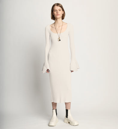 Front image of model wearing Fluted Rib Knit Dress in ivory