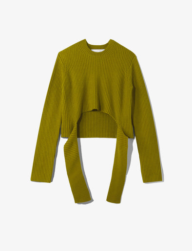 Still life image of Ribbed Cotton Wrap Sweater in LEAF with straps hanging by sides