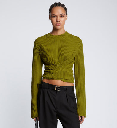 Front cropped image of model wearing Ribbed Cotton Wrap Sweater in LEAF