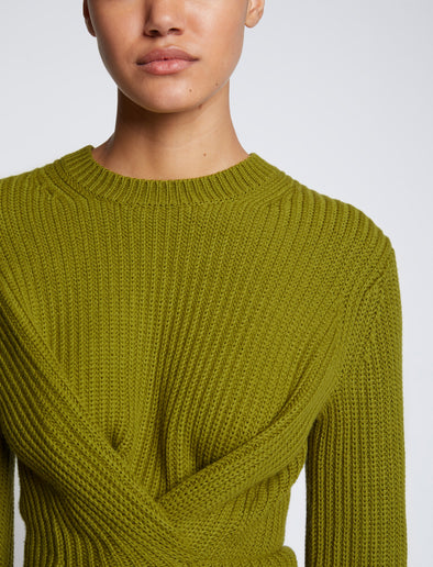 Detail image of model wearing Ribbed Cotton Wrap Sweater in LEAF