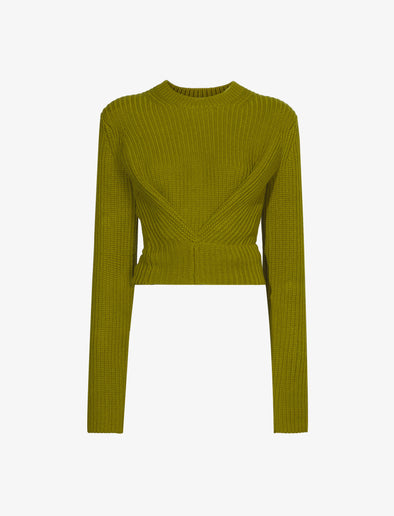 Still life image of Ribbed Cotton Wrap Sweater in LEAF with straps tied around waist
