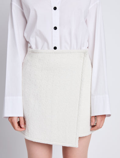 Detail image of model wearing Tweed Wrap Skirt in OFF WHITE