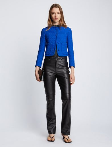 Front full length image of model wearing Tweed Cropped Jacket in ROYAL BLUE