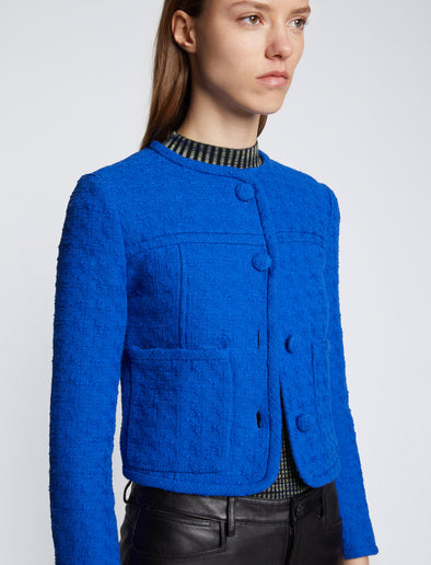 Detail image of model wearing Tweed Cropped Jacket in ROYAL BLUE