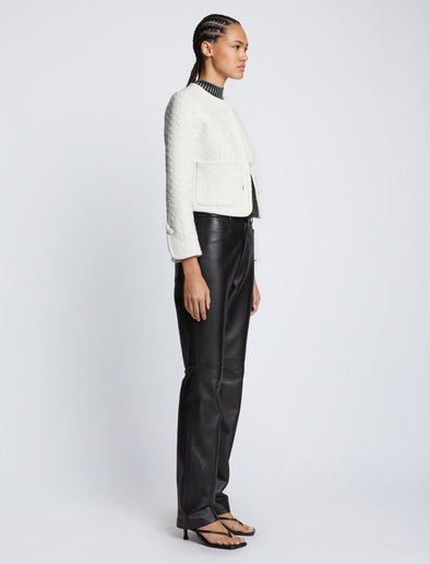 Side full length image of model wearing Tweed Cropped Jacket in OFF WHITE