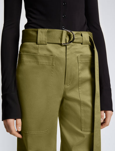 Detail image of model wearing Cotton Twill Cargo Pants in KHAKI GREEN